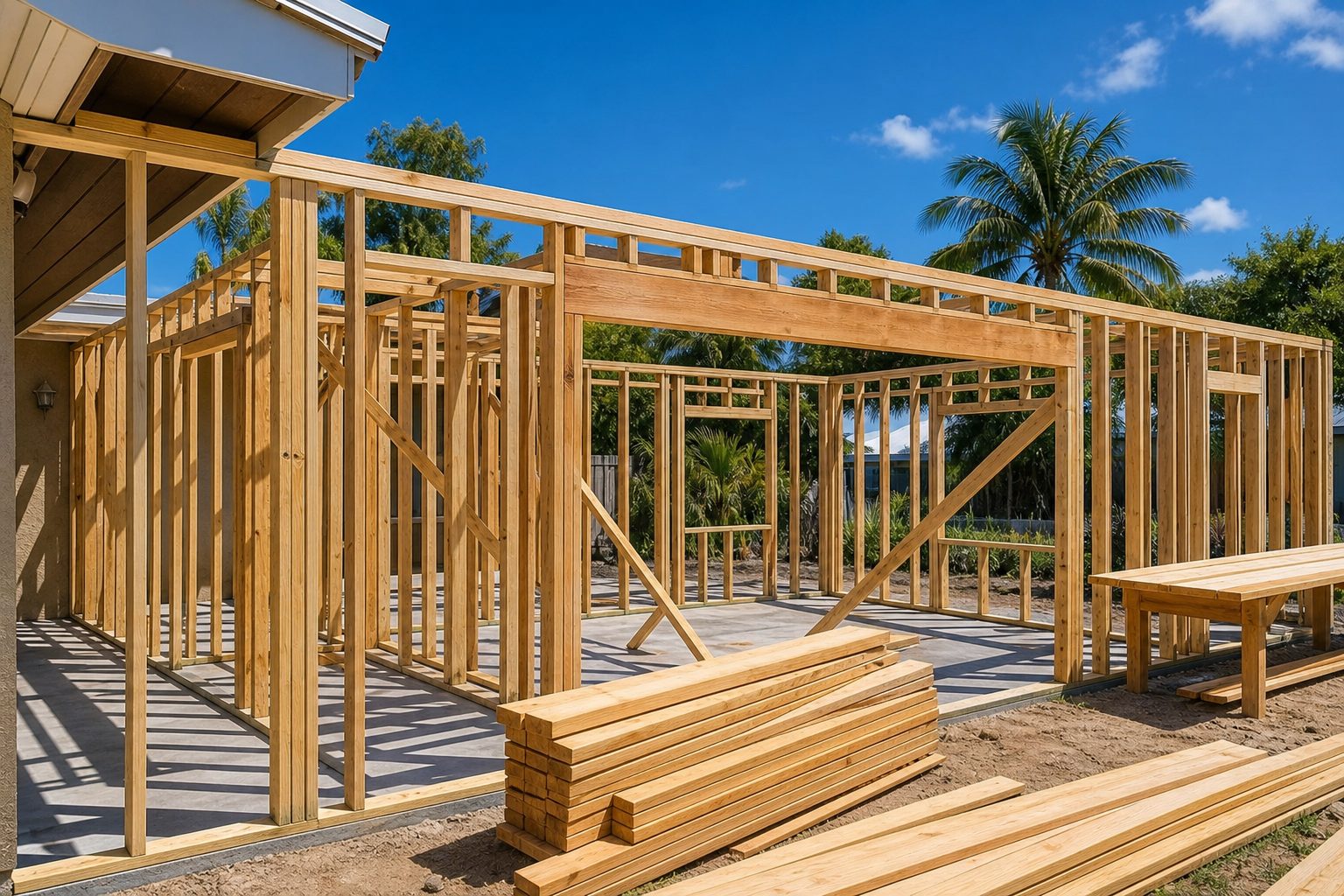 AI-generated concept image of a home addition mid-framing stage, not a real completed project