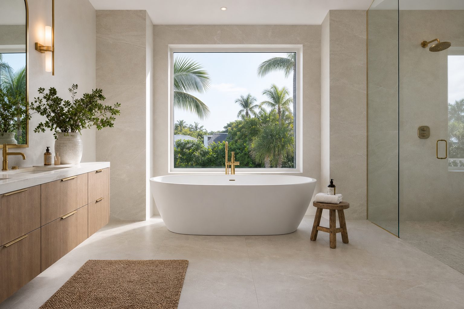 AI-generated concept image of a remodeled spa-style bathroom with a freestanding tub, not a real completed project