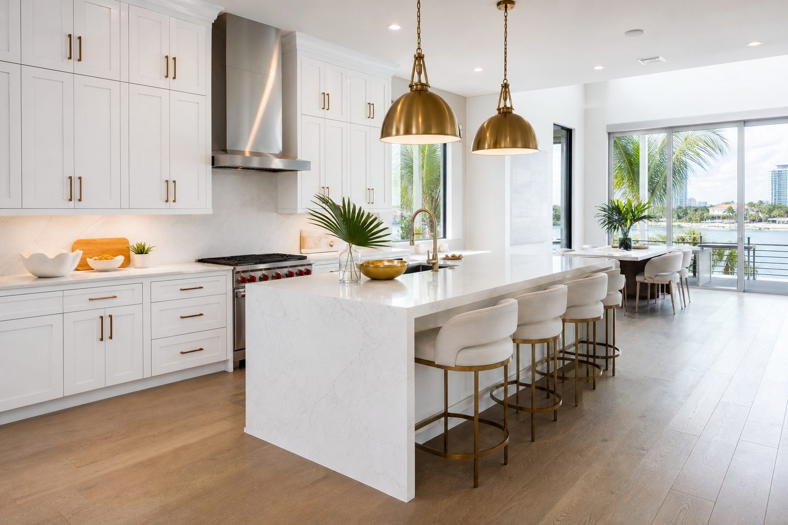AI-generated concept image of a remodeled coastal kitchen with white cabinets and brass fixtures, not a real completed project