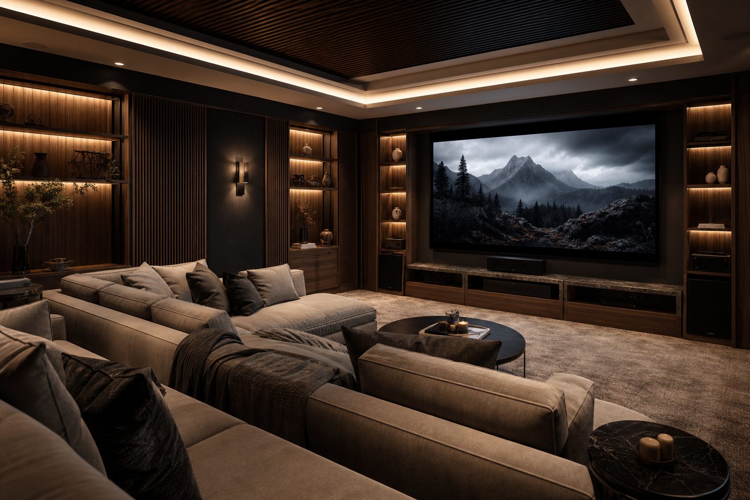 AI-generated concept image of a custom home theater and media room, not a real completed project